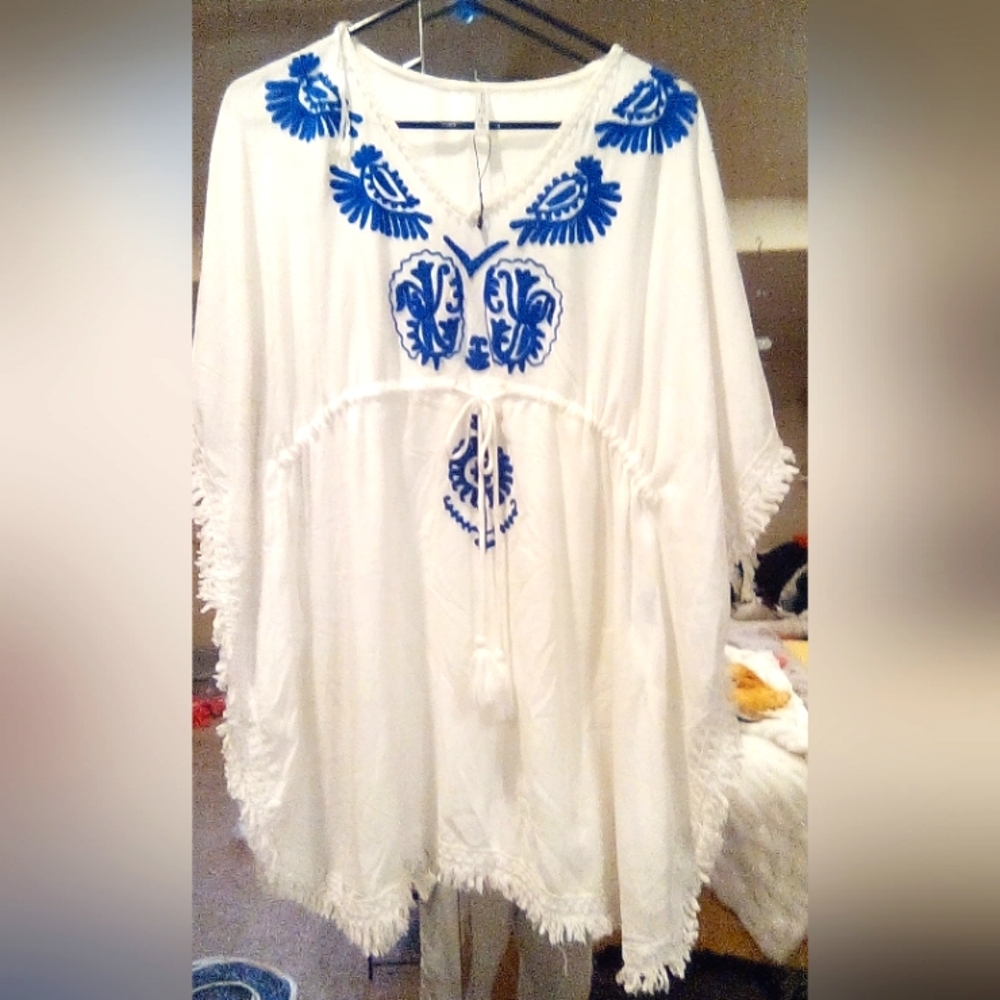 BOHO ME embroidered women's beach cover up • royal blue & white • large
